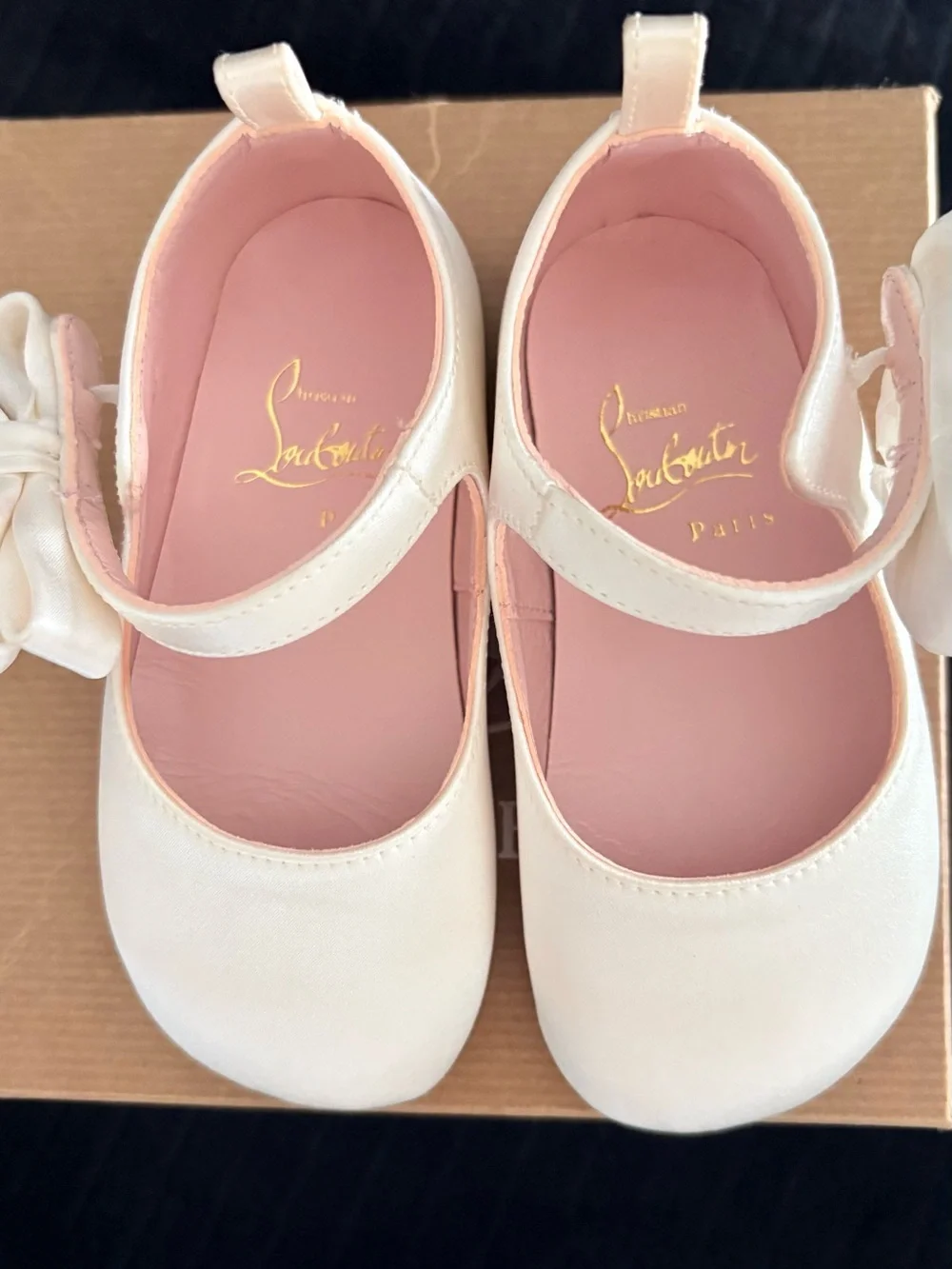 Christian Louboutin Cream Kids Mary Jane Shoes with Pink Interior and Bow